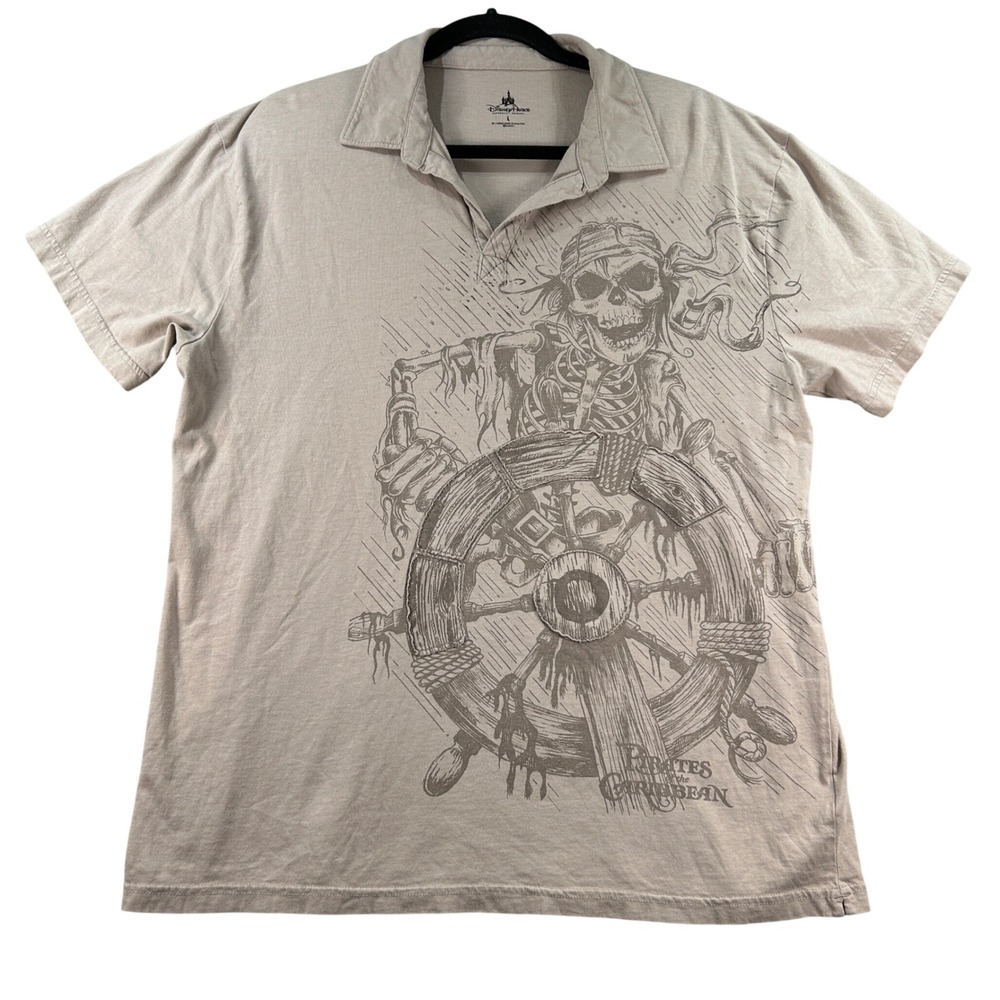 Disney Parks Pirates of the Caribbean Skeleton Graphic Polo Shirt Tan Mens L - Picture 1 of 8